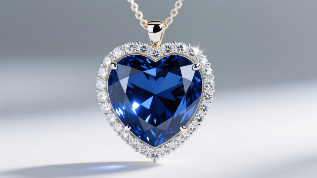 Close-up of a large heart-shaped blue sapphire pendant surrounded by brilliant white diamonds on a delicate white gold chain