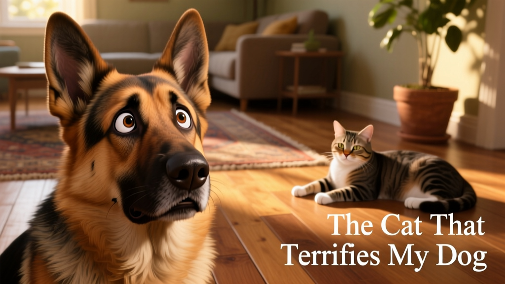 Close-up of a German Shepherd’s expressive face, eyes wide and ears slightly back, as a cat lounges nearby