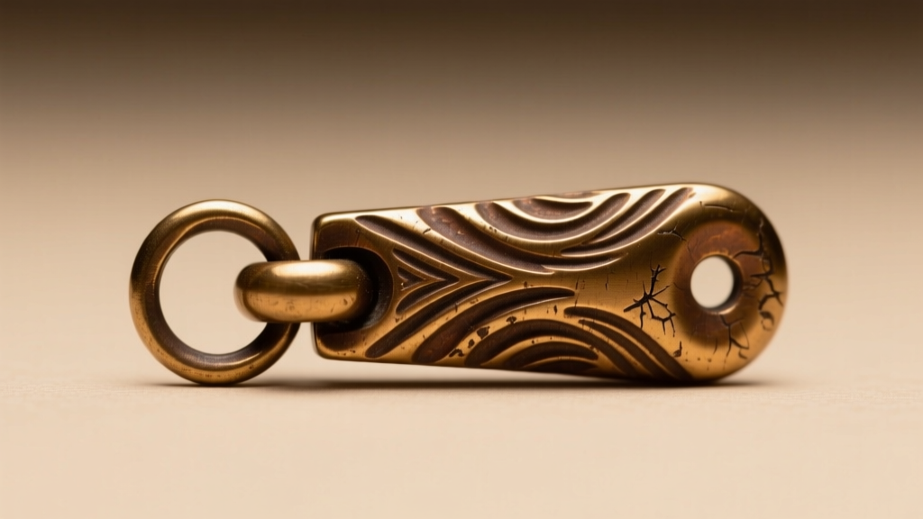 Macro photography of a bronze boob pendant bail showing a 4mm jump ring attachment and intricate hand-carved texture details.