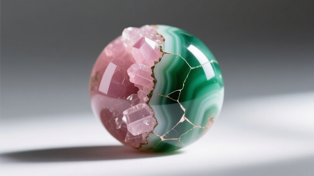 Close-up of chipped unakite bead showing fractured pink feldspar cleavage beside smooth green epidote under a jeweler's loupe