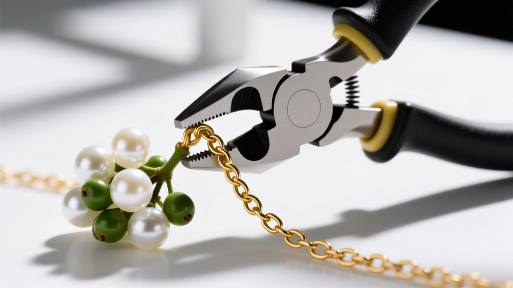 Nylon-jaw pliers detangling a fine gold cable chain connected to a mistletoe pearl cluster under bright bench lighting.