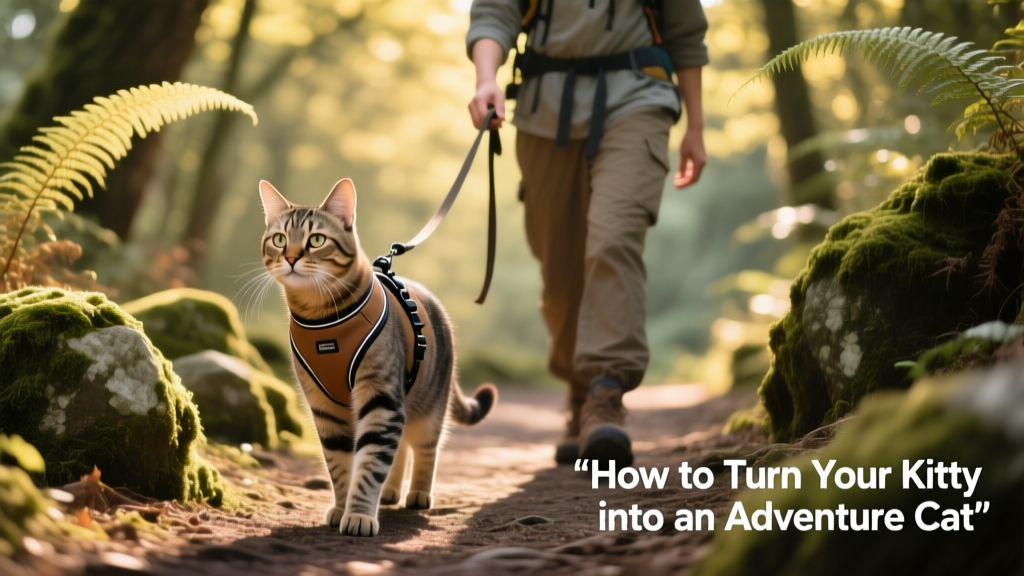 A relaxed cat wearing a well-fitted harness and walking calmly beside its human on a shaded forest trail