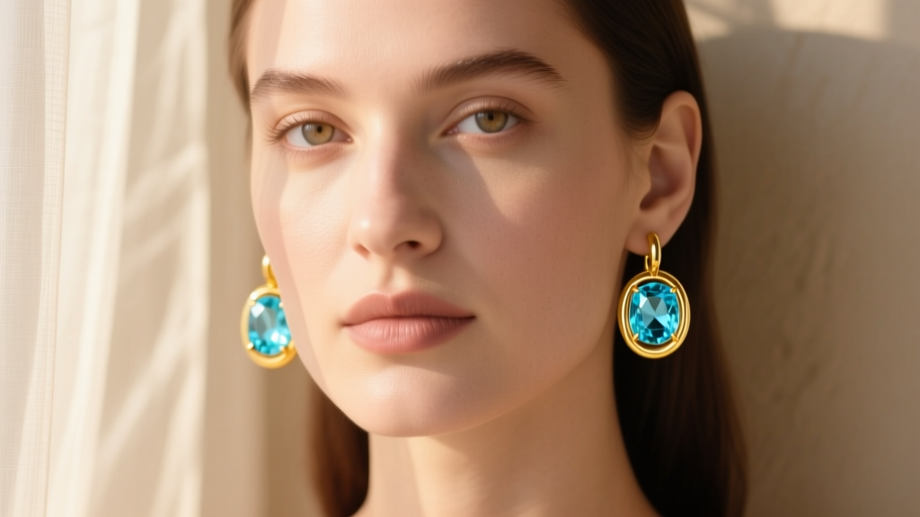 Close-up of a woman wearing 14k yellow gold aquamarine hoop earrings, soft sunlight highlighting the pale blue beryl gemstones.