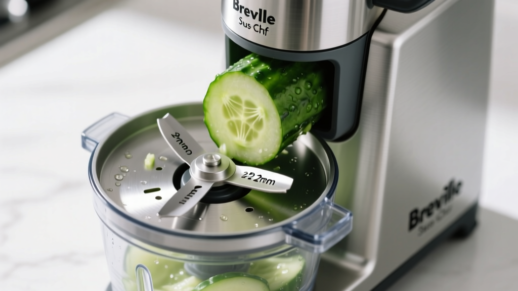 Close-up of Breville Sous Chef food processor adjustable slicing disc set to 2mm with a cucumber being fed through chute
