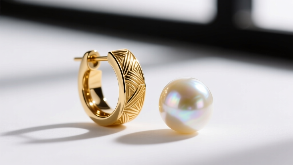 Macro shot of a Justine Clenquet earring highlighting 24k gold-plated brass texture resting beside a luminous raw freshwater pearl.
