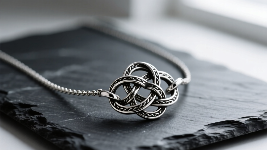 Solid 925 sterling silver witches knot necklace on dark slate, highlighting interlocking loops and oxidized detailing