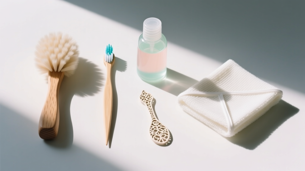 Flat lay of filigree cleaning tools including a wooden skewer, ultra-soft baby toothbrush, mild soap, and microfiber cloth