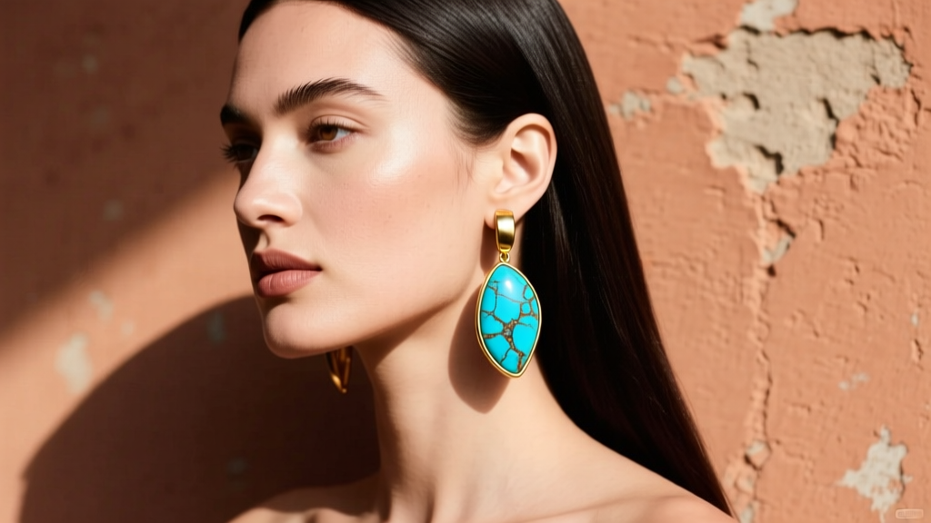 Editorial shot of a model wearing asymmetric 14k gold drop earrings with carved Royston turquoise against a terracotta wall.