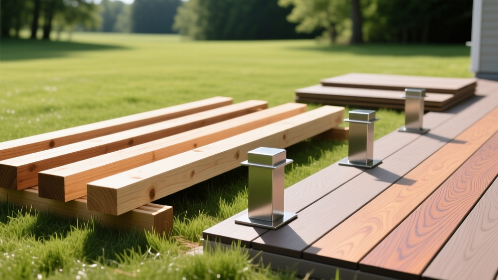 Organized deck materials including pressure-treated joists, composite boards, and steel post bases on a grassy site