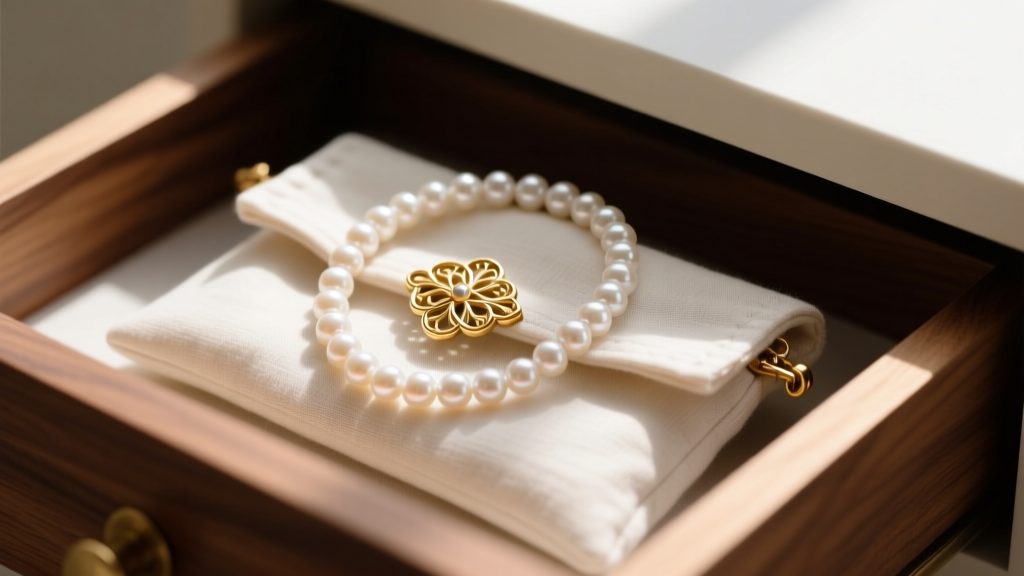 Breathable cotton jewelry pouch in a cedar-lined drawer, holding a coiled pearl necklace with a visible 14k gold filigree clasp.