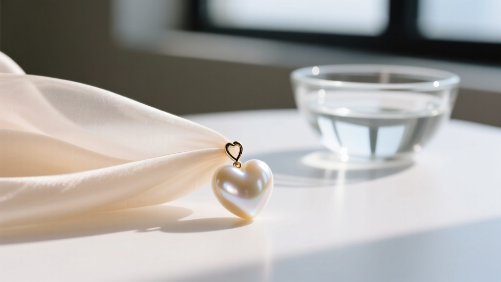 Soft cloth gently wiping a cream pearl heart earring, with a small glass bowl of distilled water in the softly blurred background.