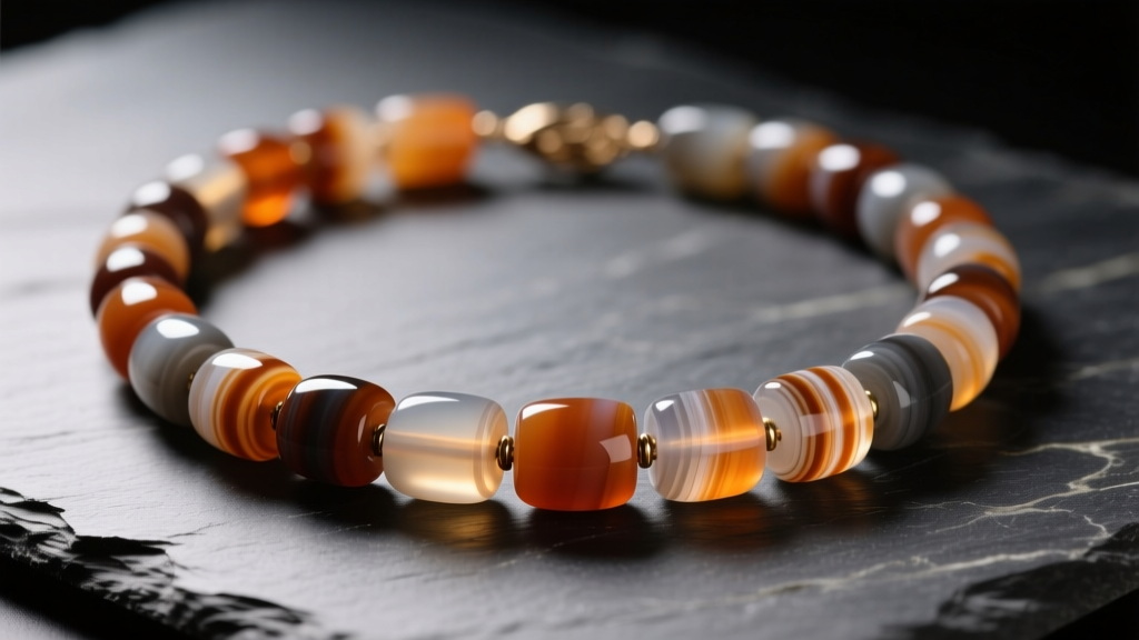 Close-up of a vintage banded agate bead necklace in earthy tones, laid flat on dark slate under soft, warm directional lighting.