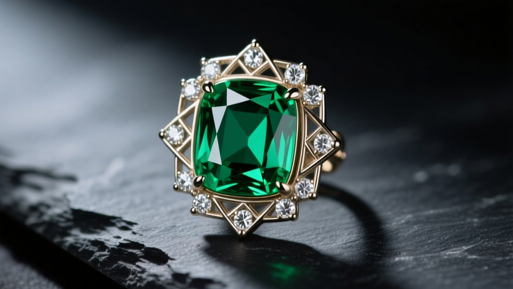 Macro shot of an Art Deco earring with a vivid green Zambian emerald and diamond halo on dark slate under moody lighting