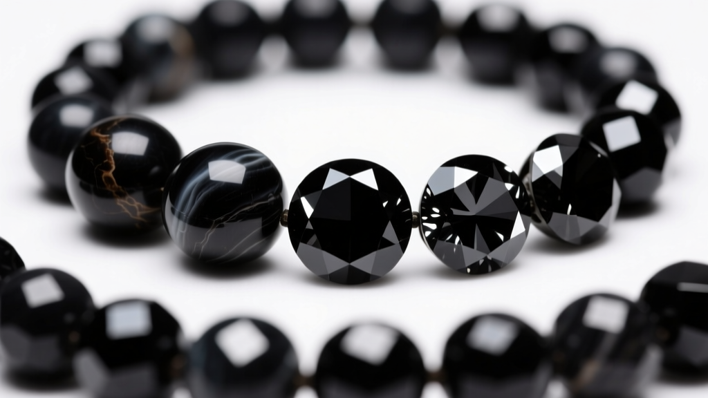 Macro view comparing matte black agate beads and highly reflective faceted black spinel beads under bright jewelry studio lighting.