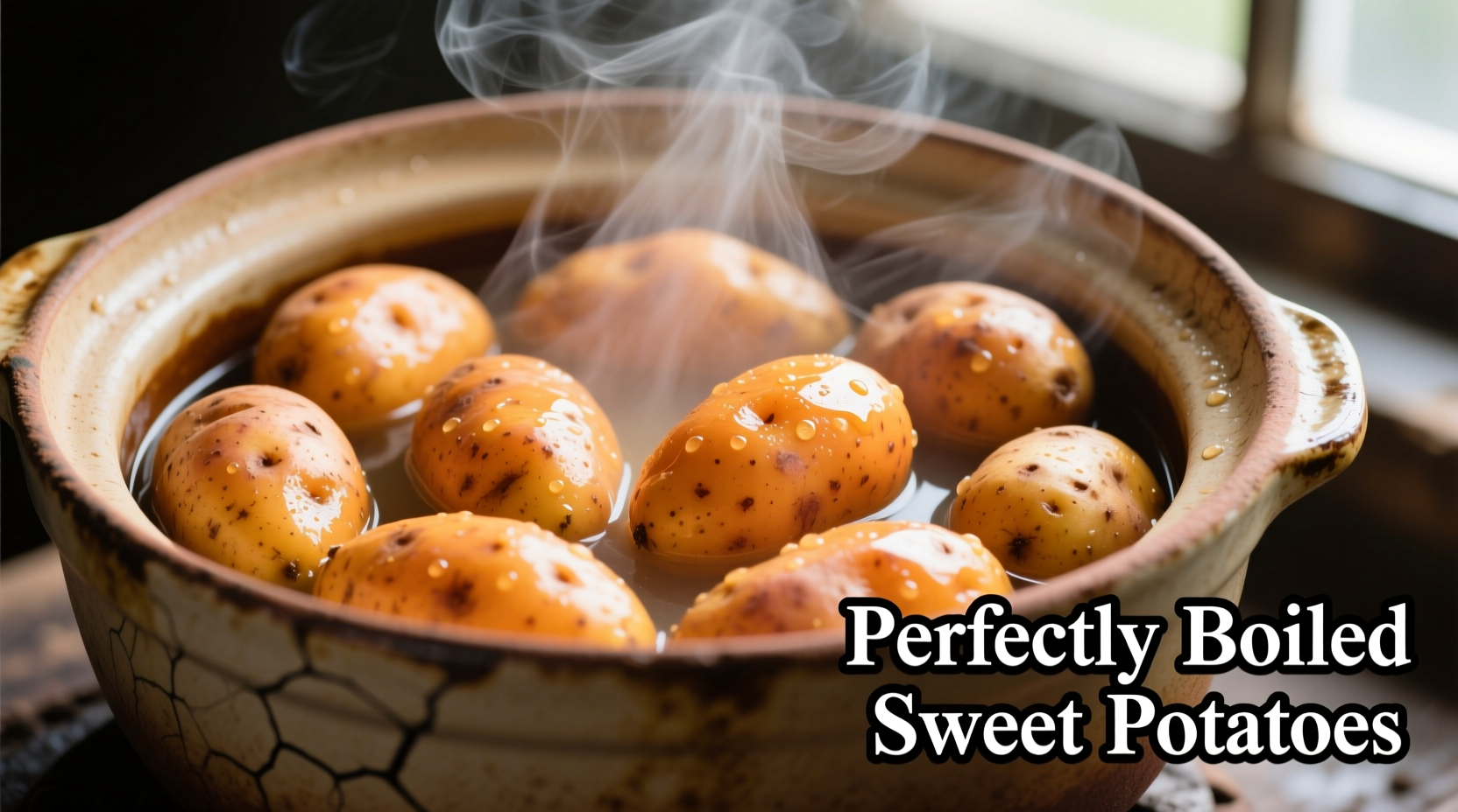 Perfectly boiled sweet potatoes in a pot with steam rising