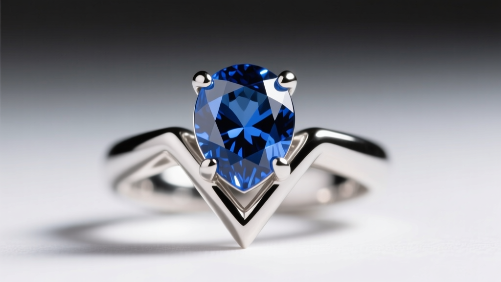 Macro of a V-prong platinum setting securing a pear-cut sapphire in a statement earring, showing the high-polish metal finish.