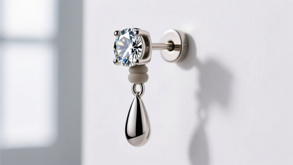 Close-up of a titanium stud dangle earring showing the front gem, an 18-gauge post, a silicone grip, and the detachable drop part.