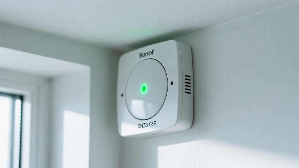 Macro shot of a Sonoff SNZB-06P mmWave presence sensor mounted on a white ceiling corner with a subtle green LED indicator blinking softly