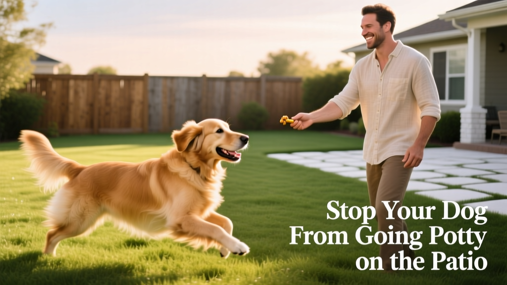 Happy dog trotting across a clean, well-maintained grassy yard toward owner holding treat