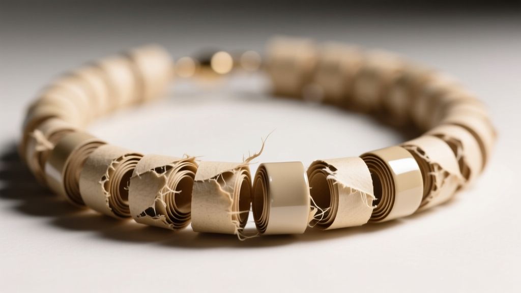 Macro shot of a tightly rolled paper bead necklace showing early edge fraying and dull sealant under bright studio lighting