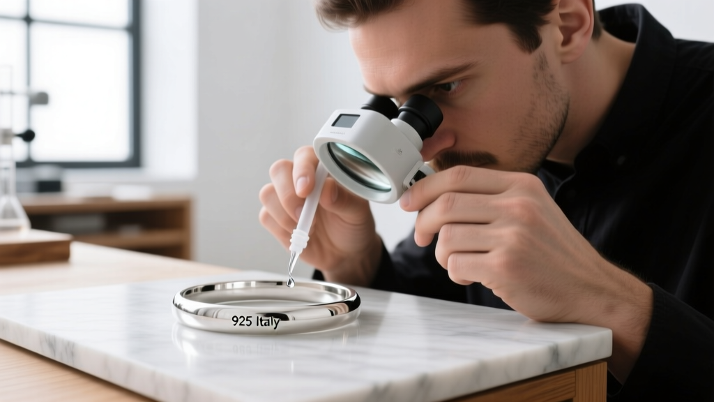 Jeweler using a digital loupe and silver testing acid on a plain bangle bracelet to verify the real 925 Italy stamp authenticity