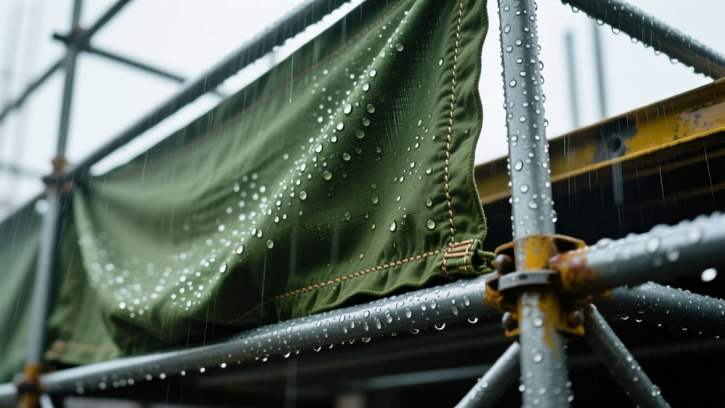 Close-up of a rugged, olive-green heavy duty waterproof canvas material stretched tightly over steel scaffolding on a rainy construction site, with water beading off the surface.