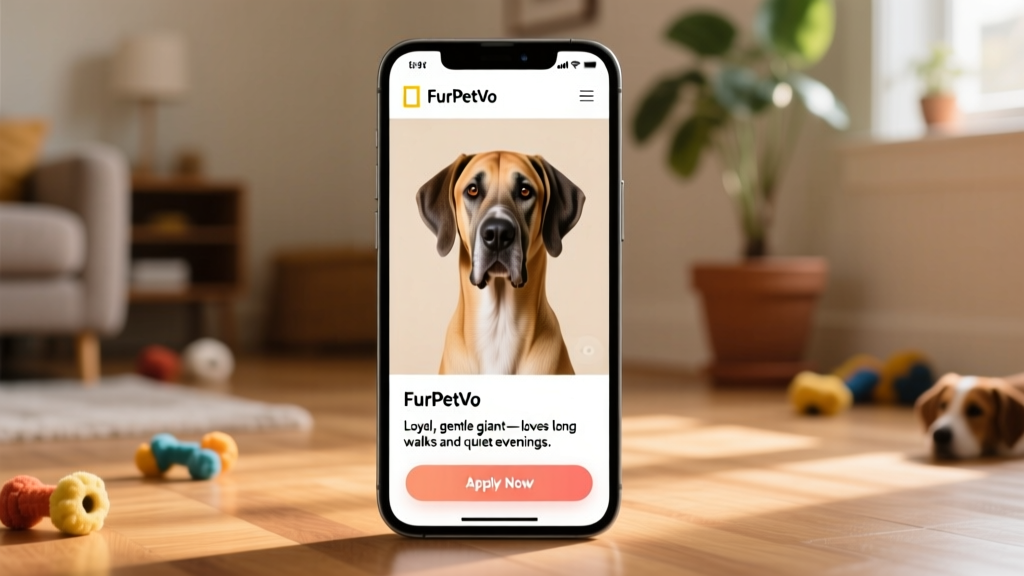 Screenshot of a FurPetVo listing page showing a Great Dane's profile with photos, bio, and 'Apply Now' button