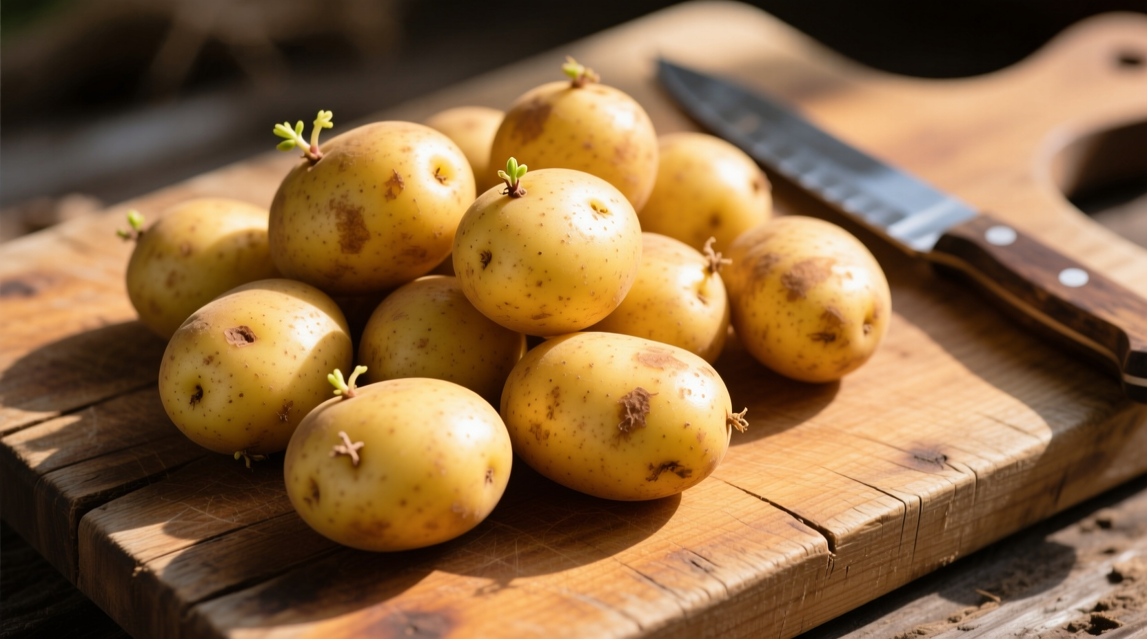 Yellow Yukon Gold potatoes on wooden cutting board