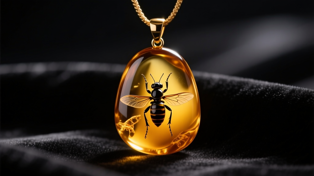 Polished Baltic cognac amber pendant with a prehistoric insect inclusion resting on dark velvet under soft warm directional lighting.