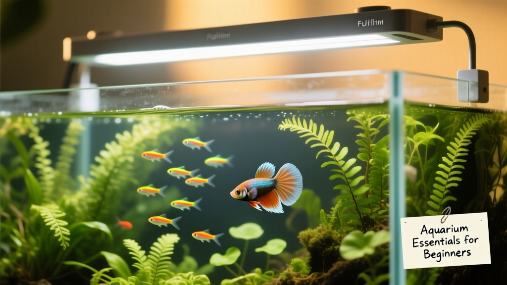 Close-up of an LED aquarium light mounted above a lush planted tank with healthy greenery and visible fish