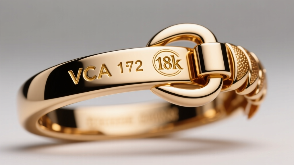 Close-up of a VCA lobster clasp showing the serial number engraving and 18k gold hallmark under bright and focused studio lighting.