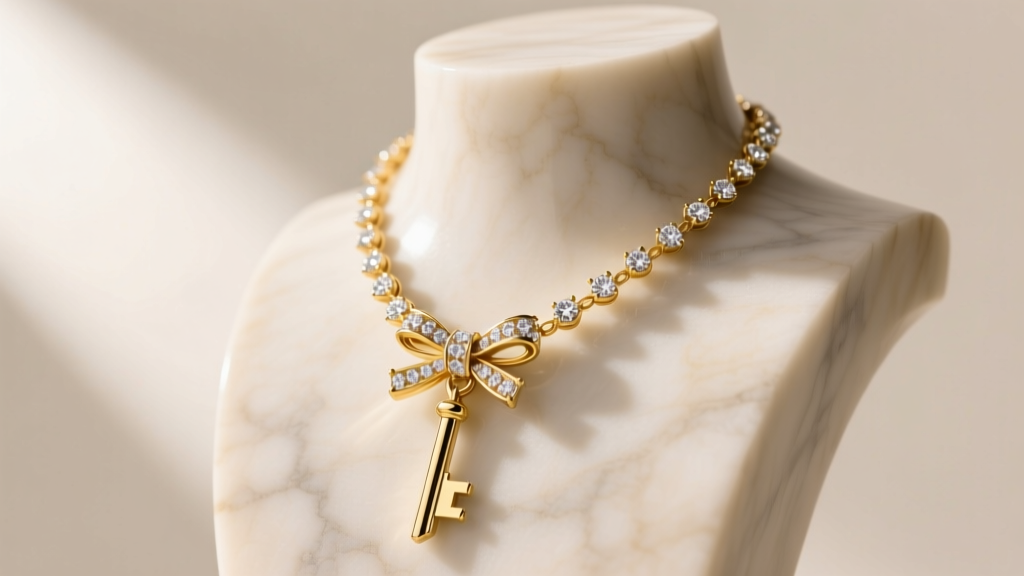 14k yellow gold modular key necklace with diamond bow, displayed on a minimalist beige marble bust in soft natural daylight.