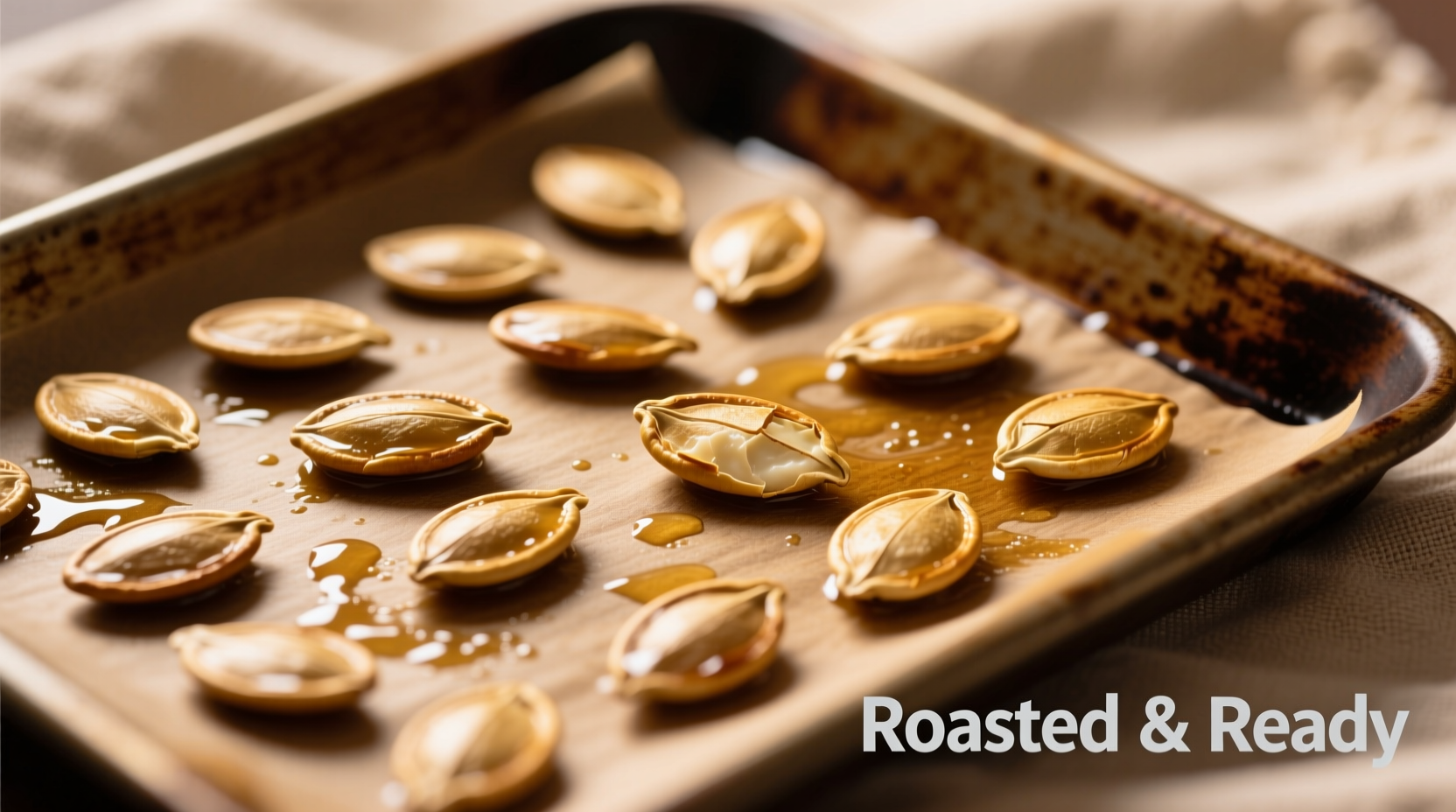 Golden brown pumpkin seeds spread on baking sheet