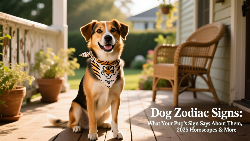 A joyful mixed-breed dog sitting confidently on a sunlit porch, wearing a small bandana
