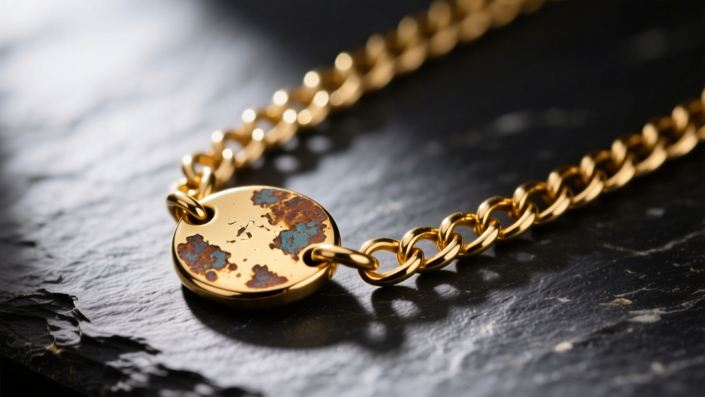 Close-up macro shot of a tarnished 18k gold vermeil pendant chain resting on dark slate, highlighting oxidized brass undertones.