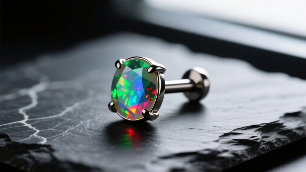 Macro shot of a 16-gauge titanium labret stud with a bezel-set opal resting on dark slate with dramatic side lighting.
