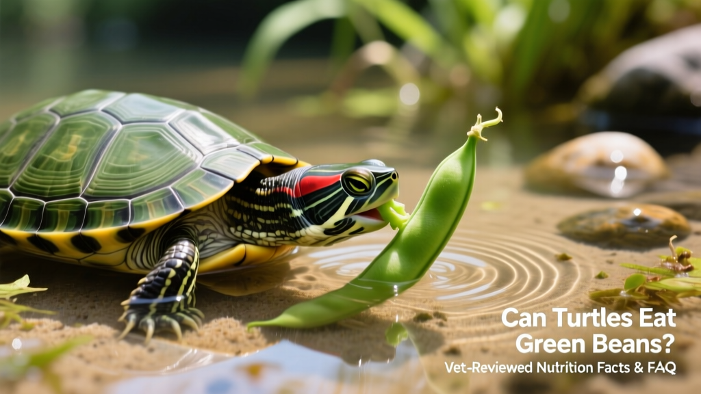 A red-eared slider turtle gently nibbling a fresh green bean in its aquatic habitat