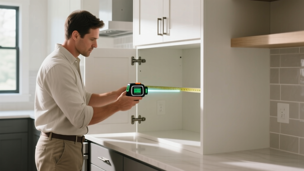 Person using a digital laser measure to check interior depth and hinge clearance of a standard 12-inch deep kitchen base cabinet