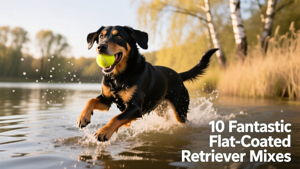 A Floodle happily splashing in a shallow lake with a tennis ball