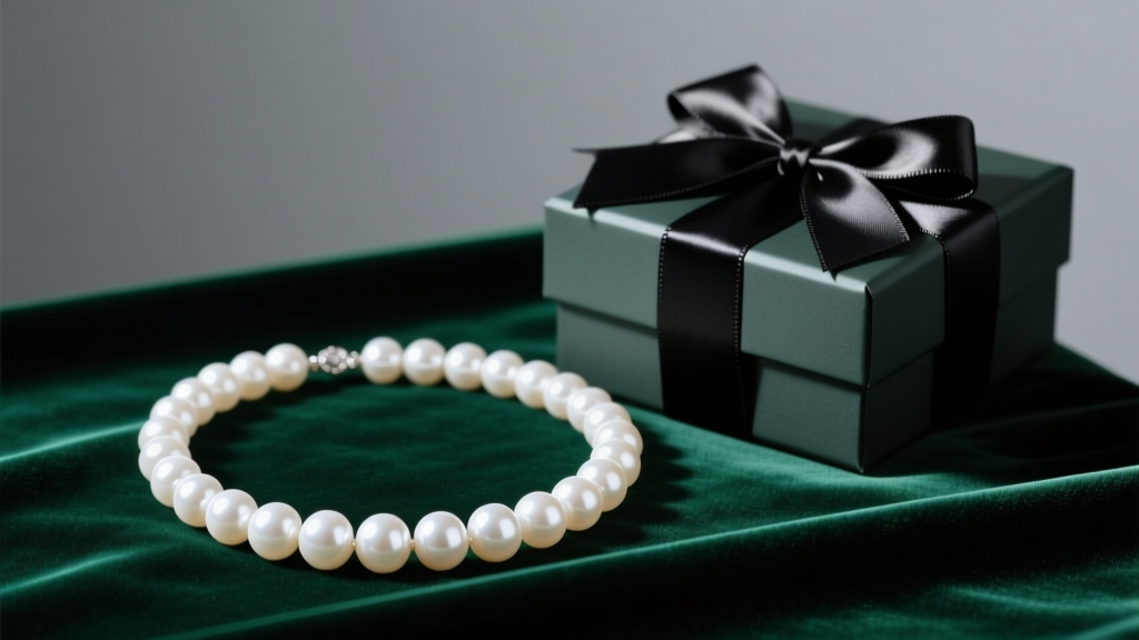 12mm white South Sea chunky pearl necklace on dark emerald velvet beside a wrapped gift box, illuminated by soft studio lighting.