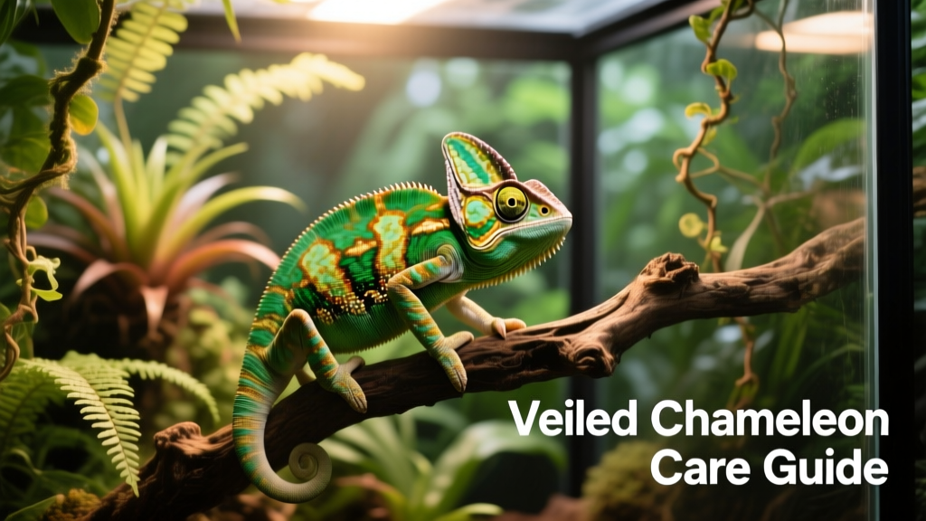 A vibrant adult veiled chameleon perched on a natural branch inside a tall, well-planted terrarium
