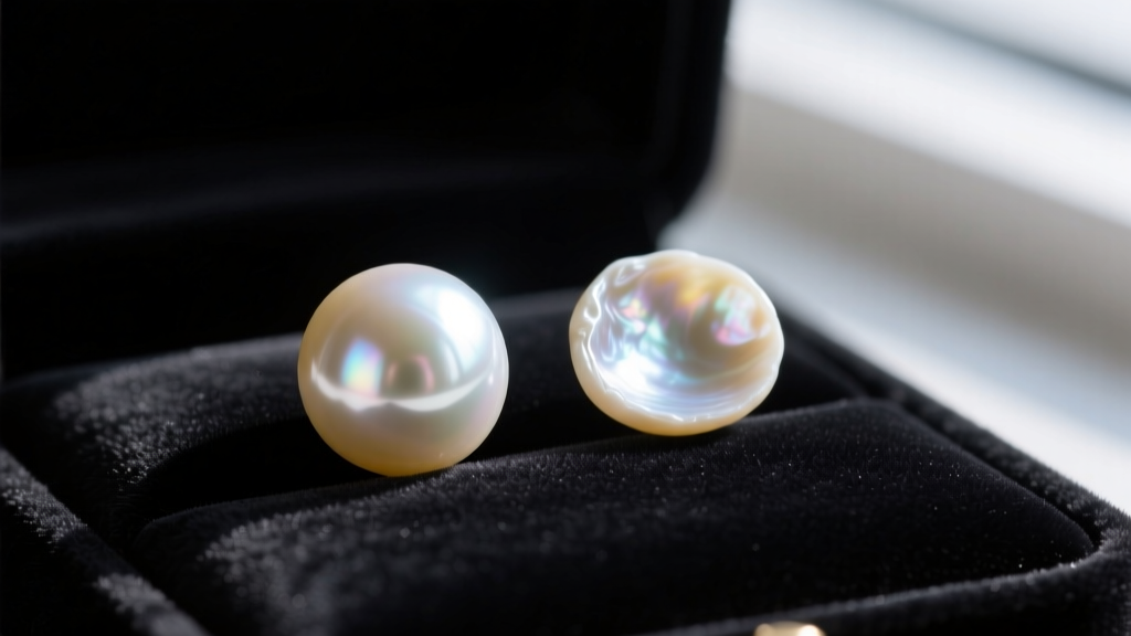 Macro shot of a high-luster round Akoya pearl and a baroque freshwater pearl side-by-side on a dark velvet jewelry display pad