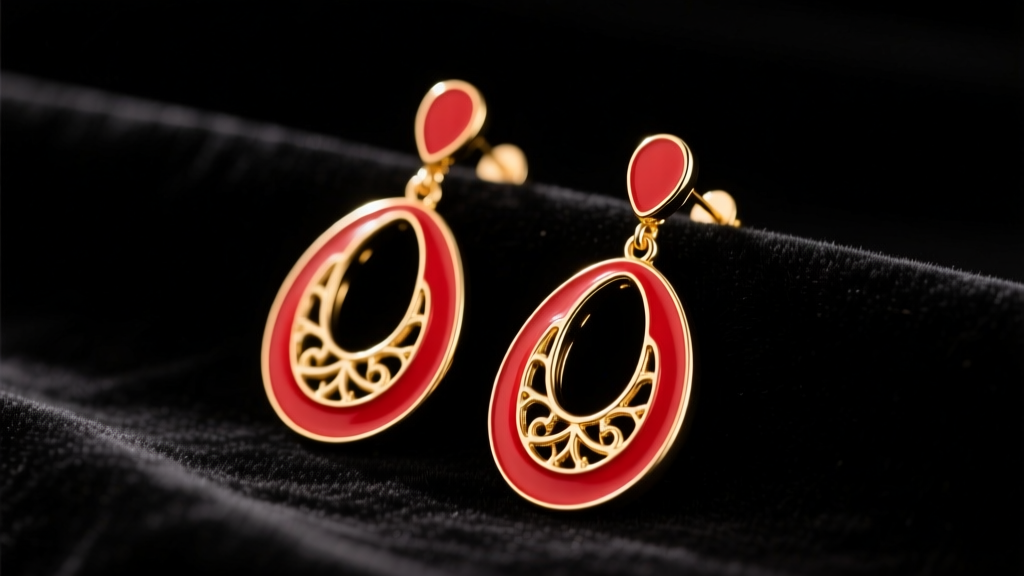 Macro shot of oversized red enamel and gold drop earrings resting on dark velvet under soft, warm directional studio lighting.