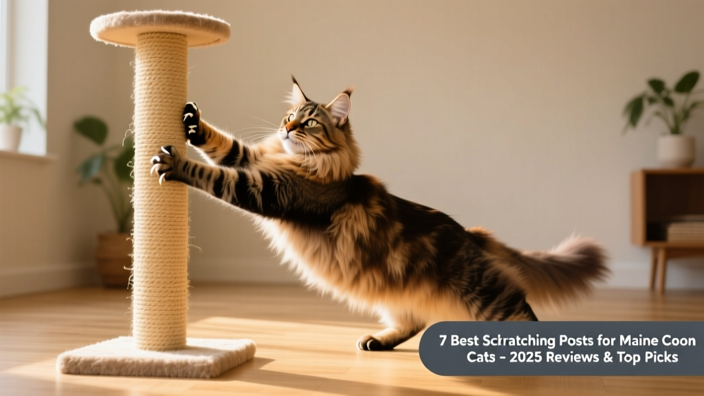A Maine Coon cat confidently stretching and scratching on a tall, freestanding sisal post