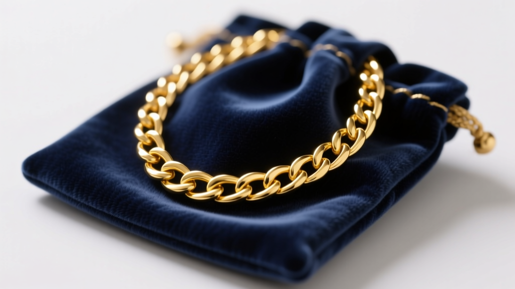 Macro shot of an 18k yellow gold chain necklace in an anti-tarnish velvet pouch, emphasizing pristine metal, soft studio lighting.
