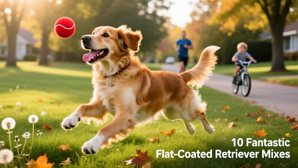 A joyful Flat-Coated Retriever mix playing fetch in a sunlit park
