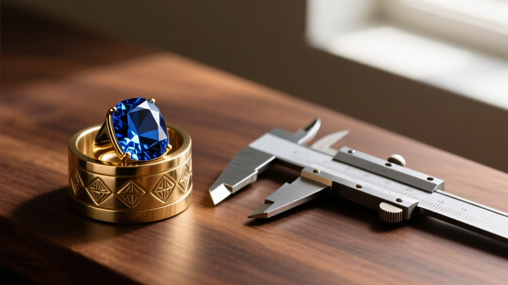 Brass ring mould, faceted blue sapphire, and steel calipers resting on a dark wood jeweler