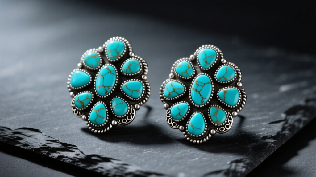 Close-up of vintage Navajo cluster turquoise earrings on dark slate, featuring intricate silver bezels and blue-green stones.
