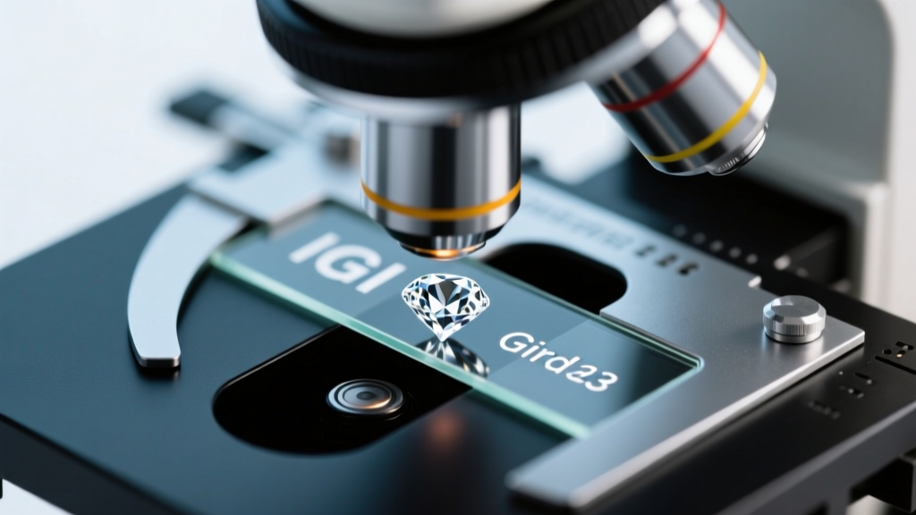 Microscope display showing the laser inscription on a lab grown diamond girdle, revealing the IGI report number in crisp focus