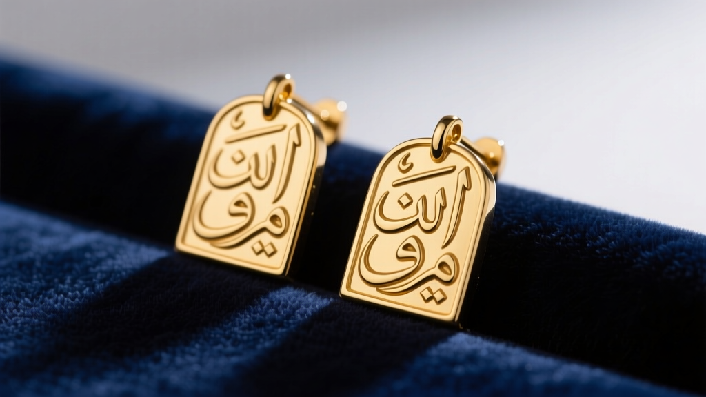 Close-up of 14k gold cartouche earrings with calligraphy engraving, resting on dark navy velvet under soft studio lighting